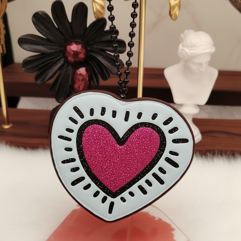 Coach x Keith Haring Heart Bag Charm Keychain NWT Glitter Pink Heart